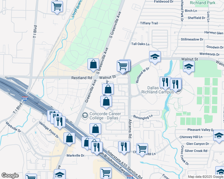 map of restaurants, bars, coffee shops, grocery stores, and more near 9827 Smokefeather Lane in Dallas