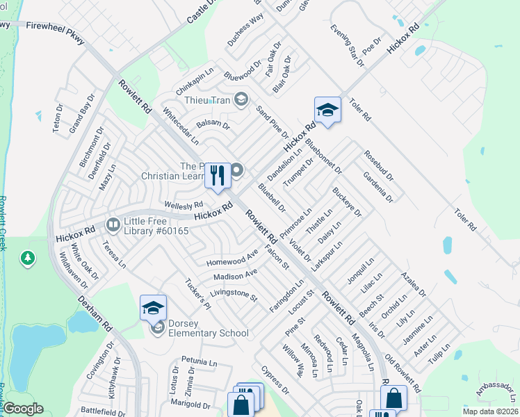 map of restaurants, bars, coffee shops, grocery stores, and more near 6800 Rowlett Road in Rowlett