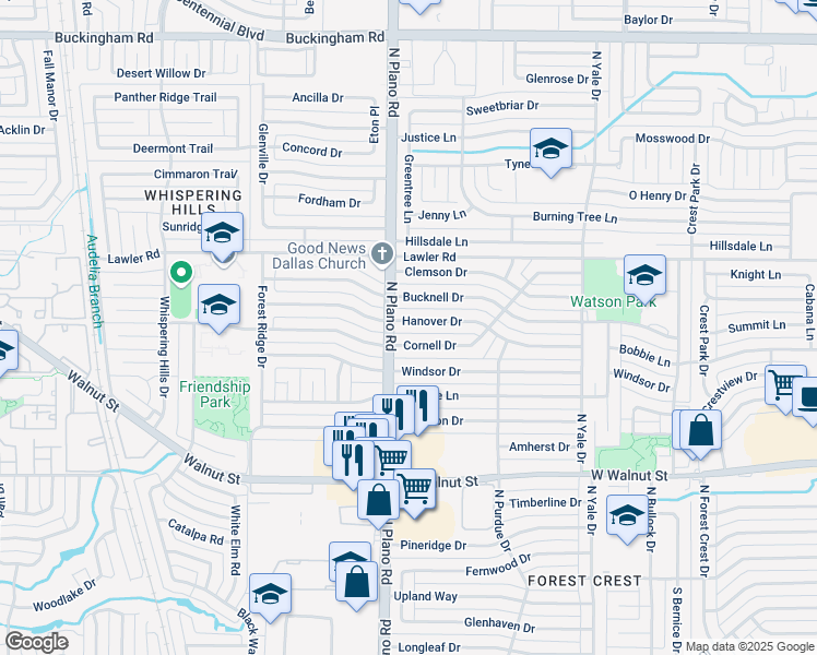 map of restaurants, bars, coffee shops, grocery stores, and more near 4413 Hanover Drive in Garland