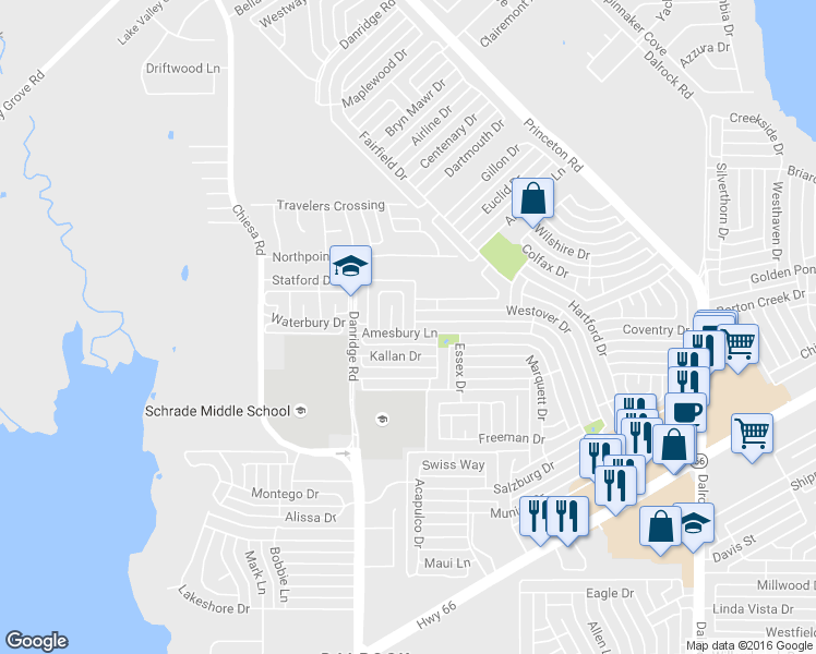 map of restaurants, bars, coffee shops, grocery stores, and more near 7009 Bickers Drive in Rowlett