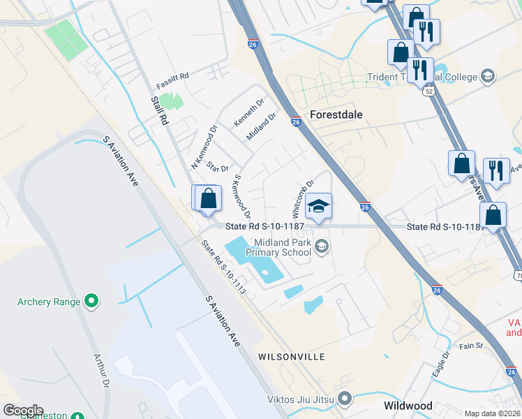 map of restaurants, bars, coffee shops, grocery stores, and more near 6921 Orvin Street in North Charleston