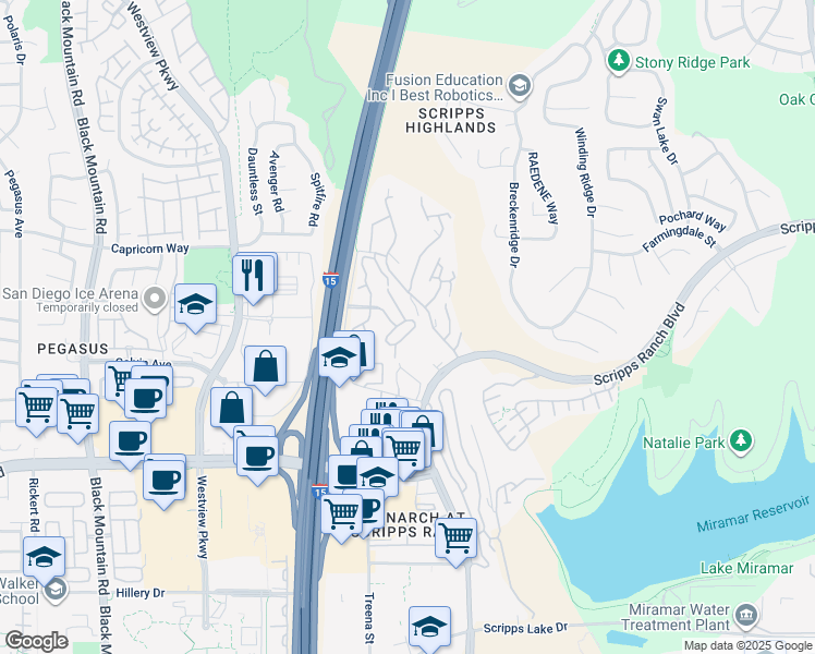 map of restaurants, bars, coffee shops, grocery stores, and more near 9995 Scripps Westview Way in San Diego