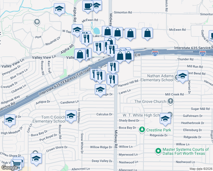 map of restaurants, bars, coffee shops, grocery stores, and more near 4142 Lyndon B Johnson Freeway in Dallas