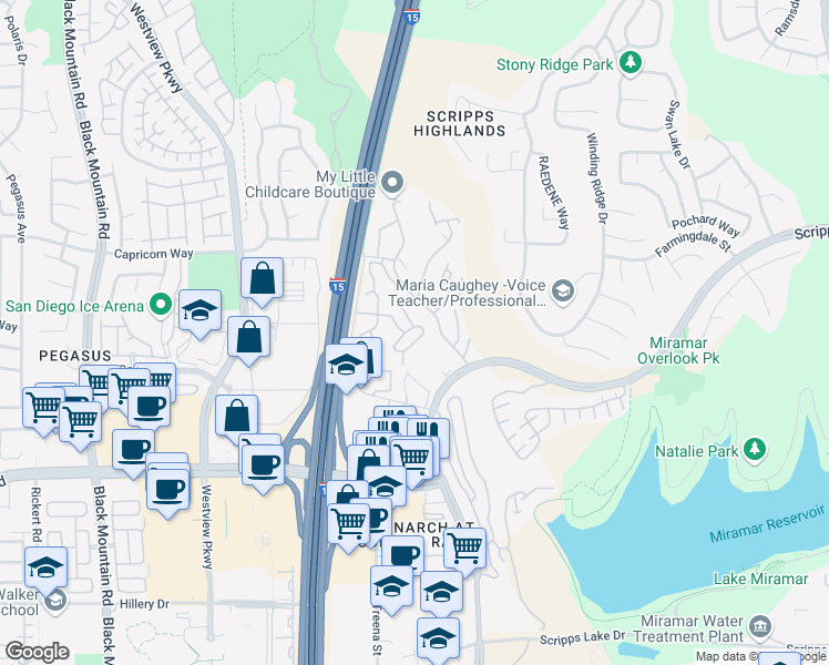 map of restaurants, bars, coffee shops, grocery stores, and more near 9995 Scripps Westview Circle in San Diego