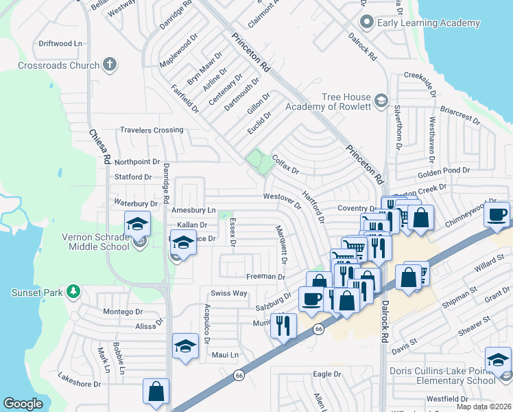 map of restaurants, bars, coffee shops, grocery stores, and more near 7810 Westover Drive in Rowlett