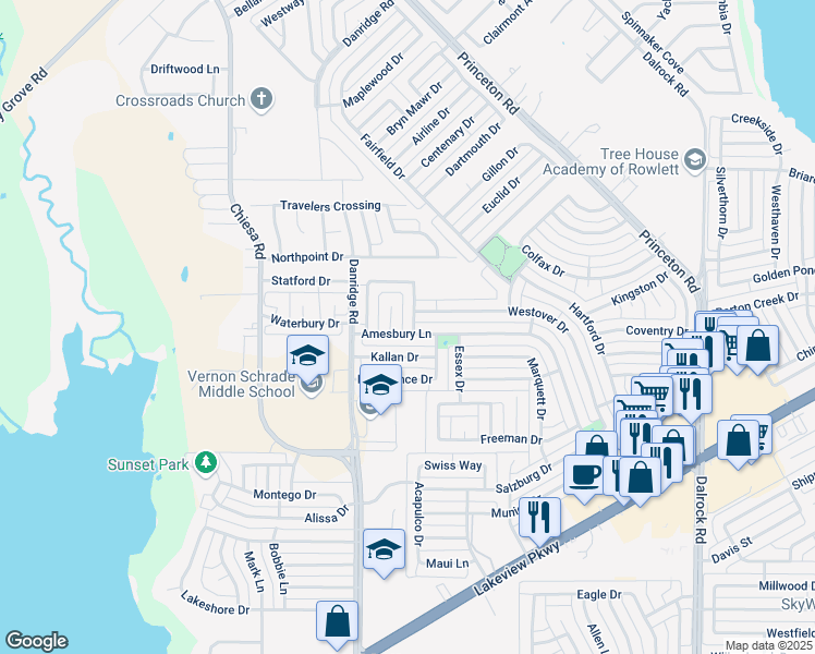 map of restaurants, bars, coffee shops, grocery stores, and more near 7009 Bickers Drive in Rowlett