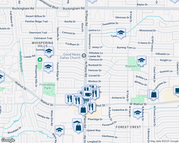 map of restaurants, bars, coffee shops, grocery stores, and more near 4413 Hanover Drive in Garland