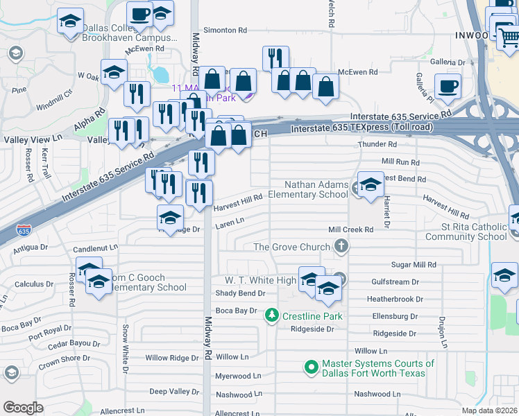 map of restaurants, bars, coffee shops, grocery stores, and more near 4326 Harvest Hill Road in Dallas