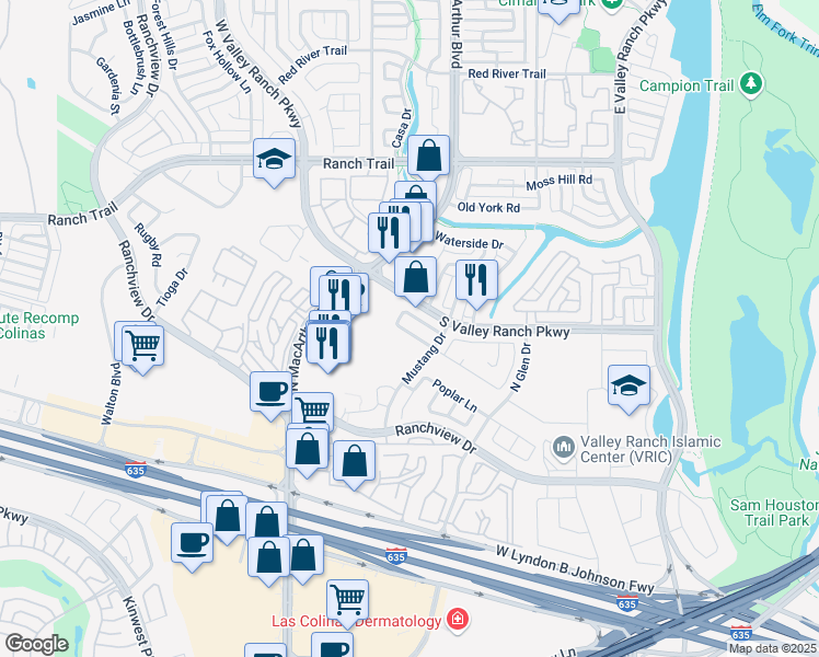 map of restaurants, bars, coffee shops, grocery stores, and more near 528 Southridge Way in Irving