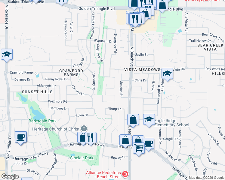 map of restaurants, bars, coffee shops, grocery stores, and more near 10200 Renwick Cove in Fort Worth