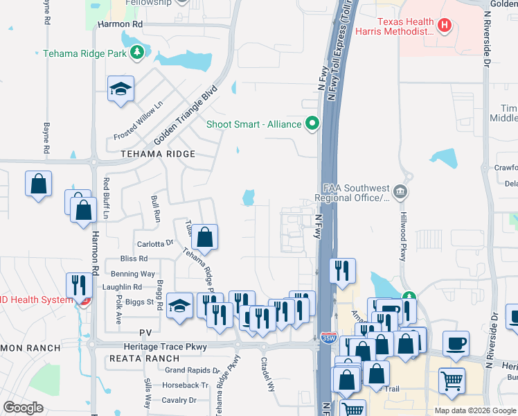 map of restaurants, bars, coffee shops, grocery stores, and more near 2625 Calistoga Drive in Fort Worth