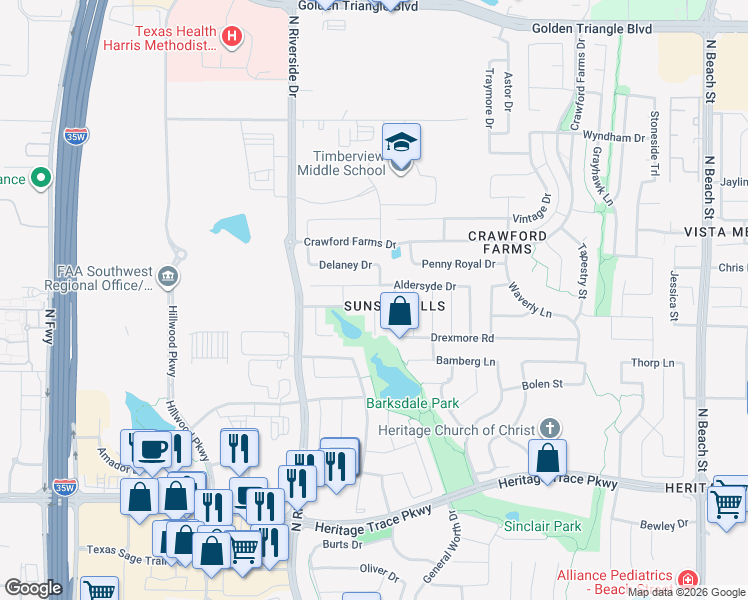 map of restaurants, bars, coffee shops, grocery stores, and more near 3729 Sunset Hills Drive in Fort Worth