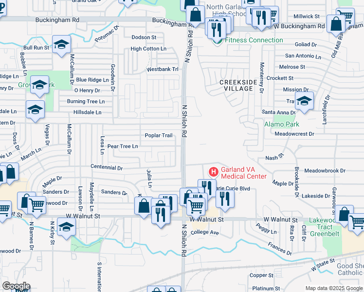 map of restaurants, bars, coffee shops, grocery stores, and more near 1001 North Shiloh Road in Garland