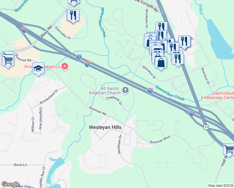 map of restaurants, bars, coffee shops, grocery stores, and more near 103 Eastwick Court in Macon