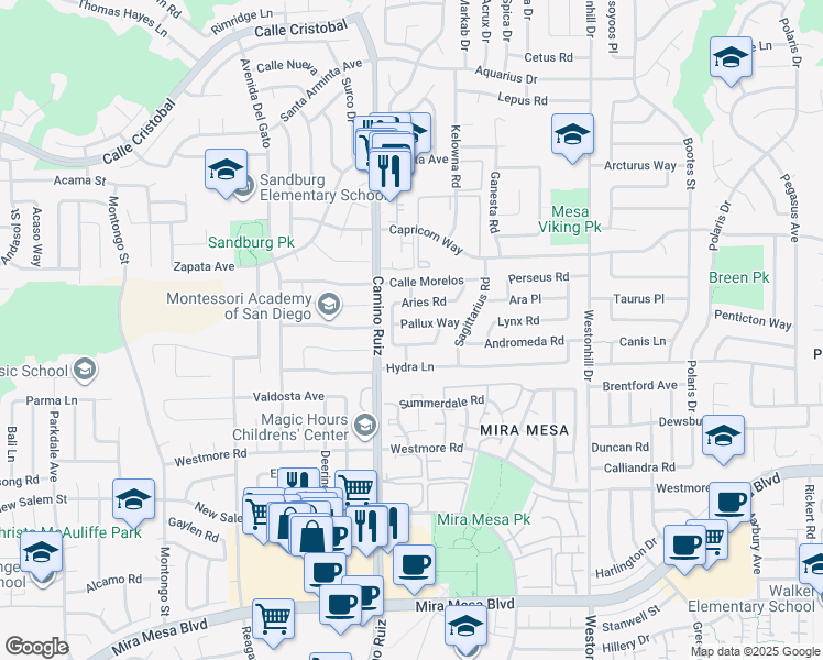 map of restaurants, bars, coffee shops, grocery stores, and more near 8420 Pallux Way in San Diego
