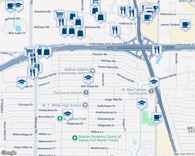 map of restaurants, bars, coffee shops, grocery stores, and more near 12600 Welch Road in Dallas