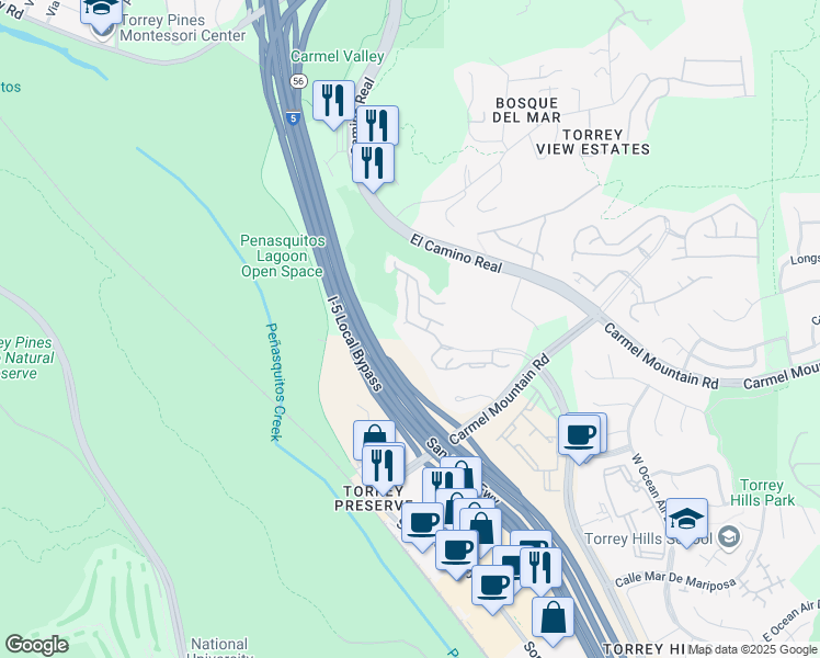 map of restaurants, bars, coffee shops, grocery stores, and more near 3682 Torrey View Court in San Diego