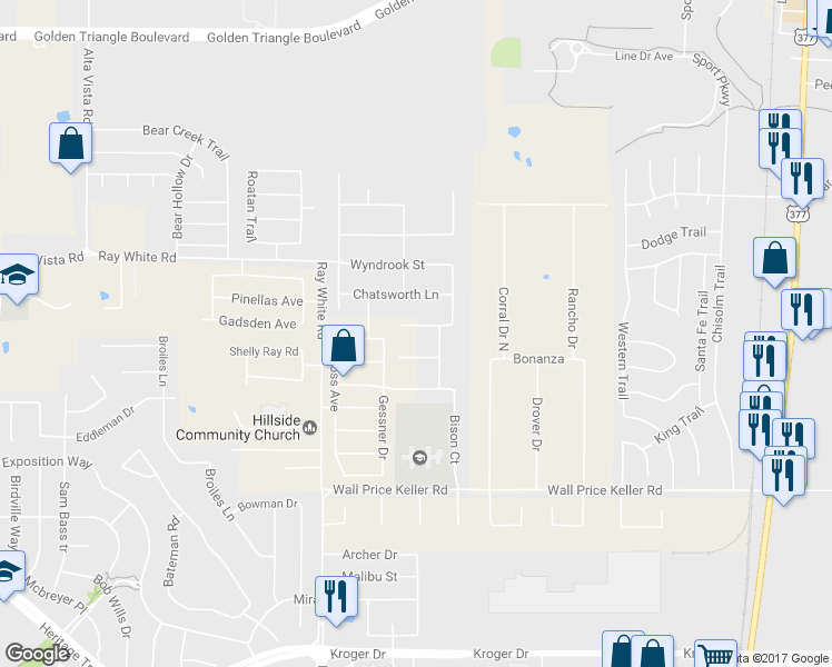 map of restaurants, bars, coffee shops, grocery stores, and more near 5432 Loftsmoor Court in Fort Worth
