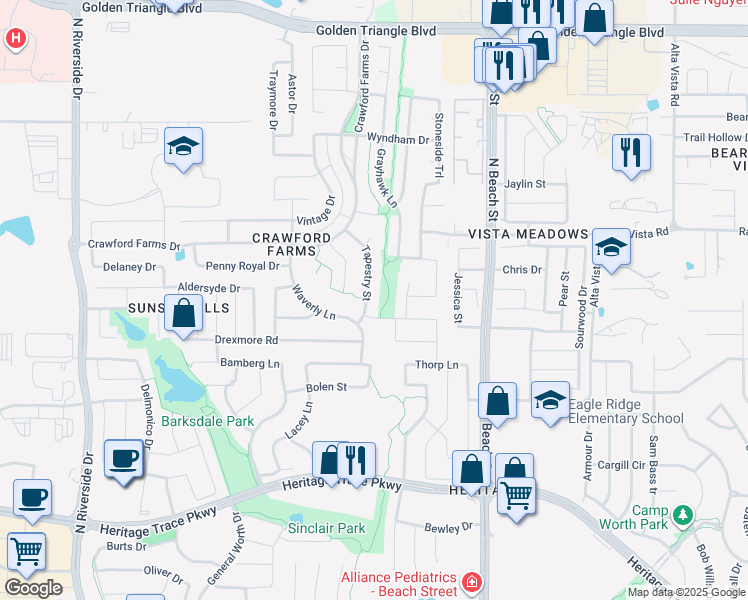 map of restaurants, bars, coffee shops, grocery stores, and more near 10112 Tapestry Street in Fort Worth