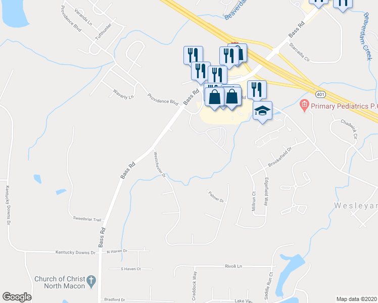 map of restaurants, bars, coffee shops, grocery stores, and more near 1415 Bass Road in Macon