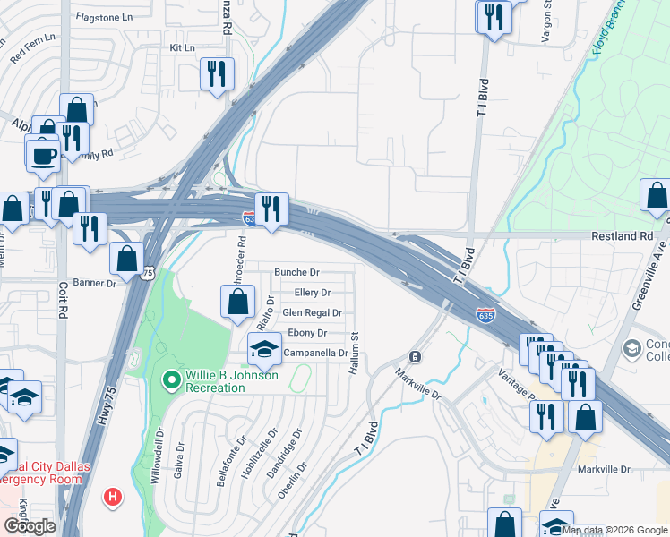 map of restaurants, bars, coffee shops, grocery stores, and more near 8429 Bunche Drive in Dallas