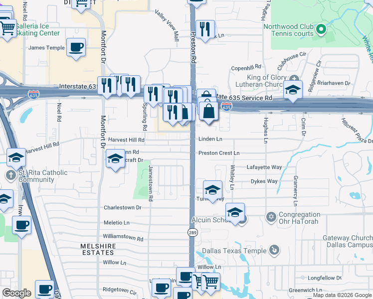 map of restaurants, bars, coffee shops, grocery stores, and more near 12703 Preston Road in Dallas