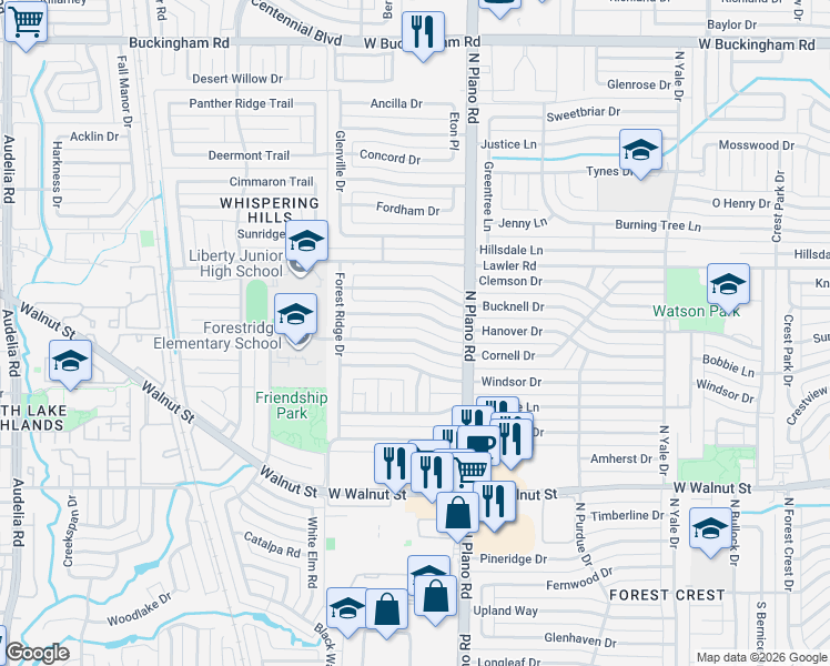 map of restaurants, bars, coffee shops, grocery stores, and more near 4530 Hanover Drive in Garland