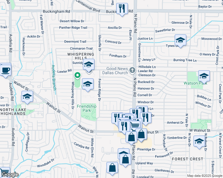map of restaurants, bars, coffee shops, grocery stores, and more near 4633 Cornell Drive in Garland