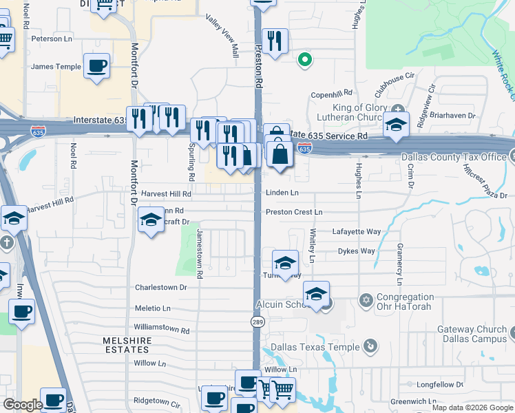 map of restaurants, bars, coffee shops, grocery stores, and more near 12703 Preston Road in Dallas