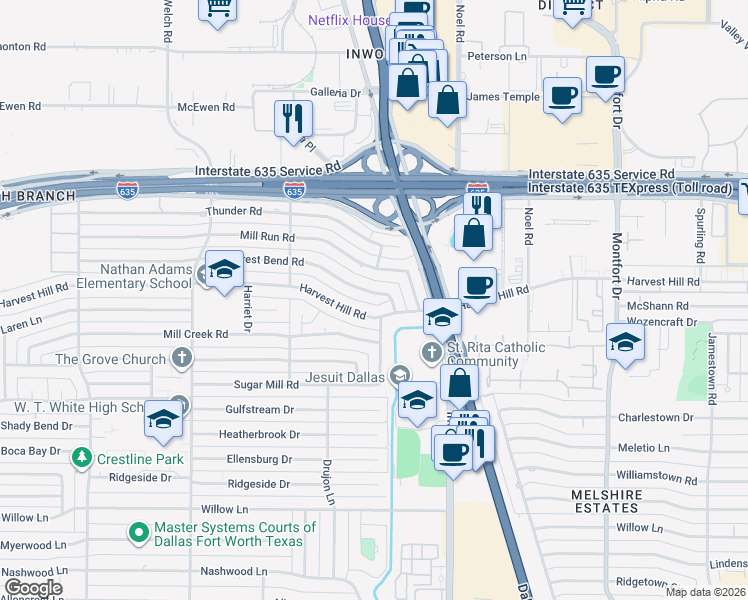 map of restaurants, bars, coffee shops, grocery stores, and more near 5020 Forest Bend Road in Dallas