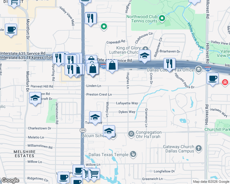 map of restaurants, bars, coffee shops, grocery stores, and more near 6215 Preston Crest Lane in Dallas