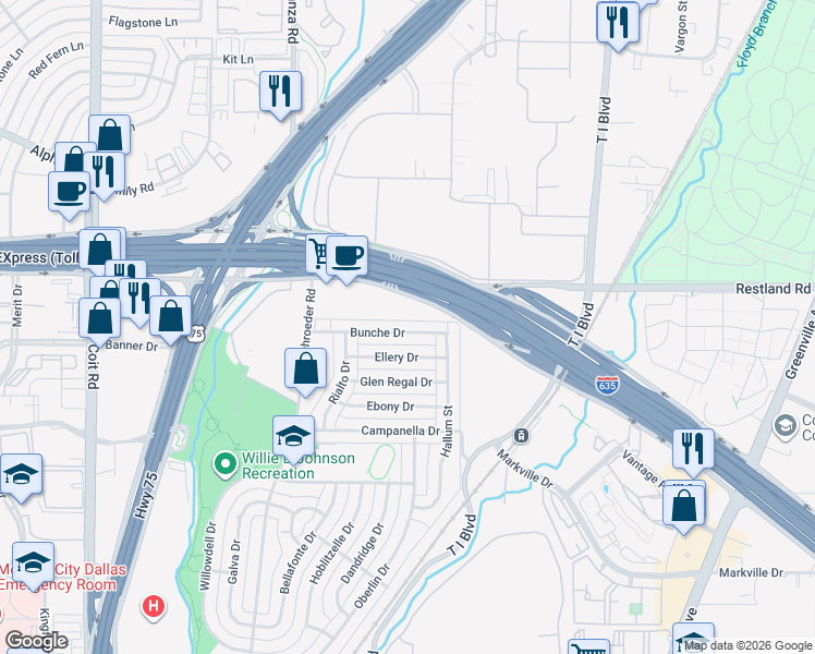 map of restaurants, bars, coffee shops, grocery stores, and more near 8429 Bunche Drive in Dallas