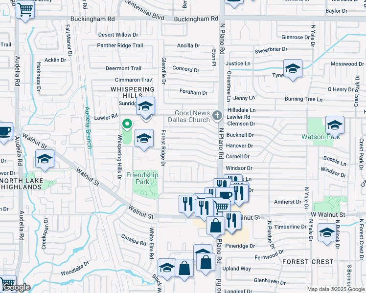 map of restaurants, bars, coffee shops, grocery stores, and more near 4633 Cornell Drive in Garland