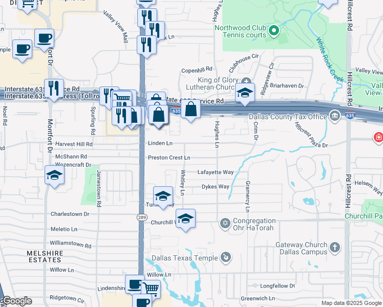 map of restaurants, bars, coffee shops, grocery stores, and more near 6215 Preston Crest Lane in Dallas