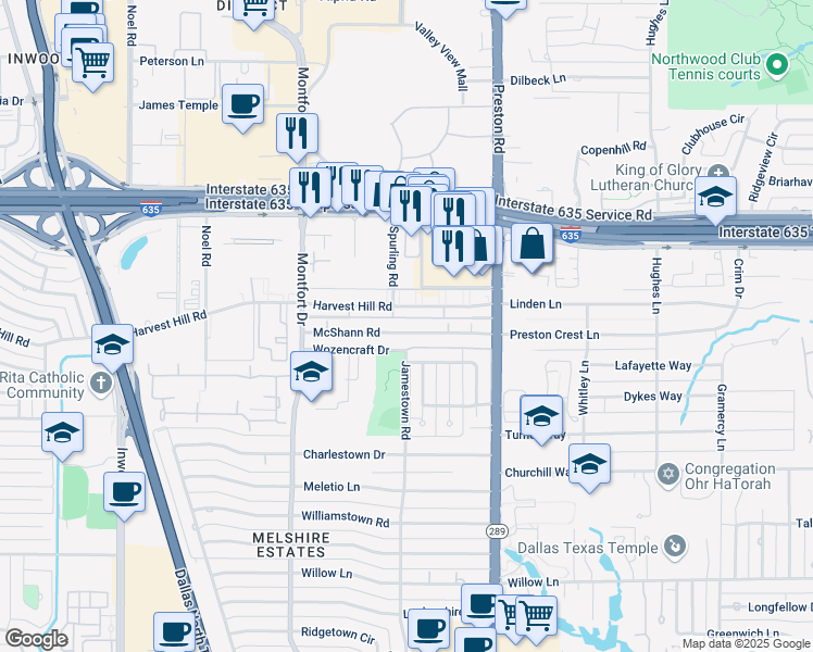map of restaurants, bars, coffee shops, grocery stores, and more near 5815 Mc Shann Road in Dallas