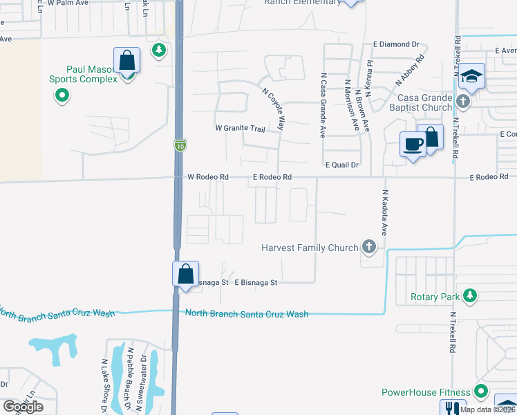 map of restaurants, bars, coffee shops, grocery stores, and more near 2364 North Horseshoe Circle in Casa Grande