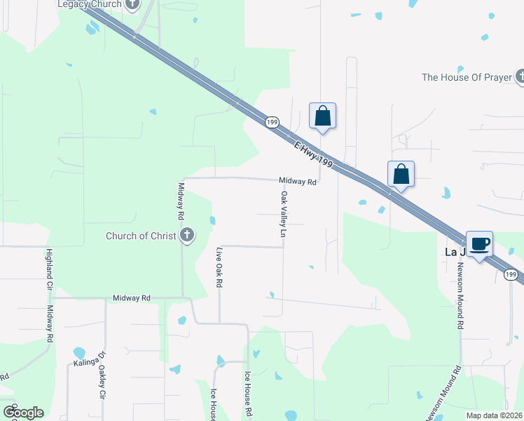map of restaurants, bars, coffee shops, grocery stores, and more near 172 Oak Valley Lane in Springtown