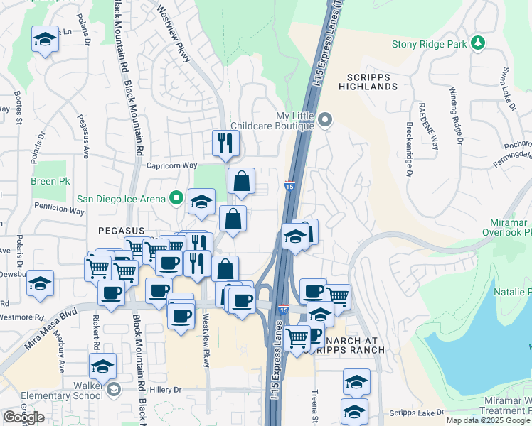 map of restaurants, bars, coffee shops, grocery stores, and more near 9835 Mira Lee Way in San Diego