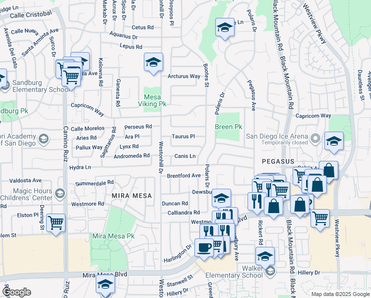 map of restaurants, bars, coffee shops, grocery stores, and more near 8919 Scorpius Way in San Diego