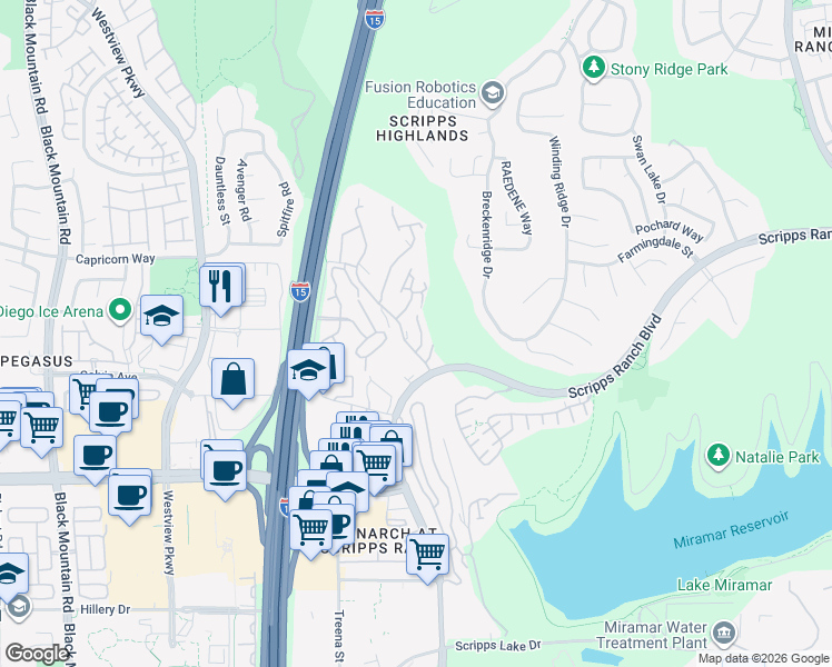 map of restaurants, bars, coffee shops, grocery stores, and more near 11145 Affinity Court in San Diego