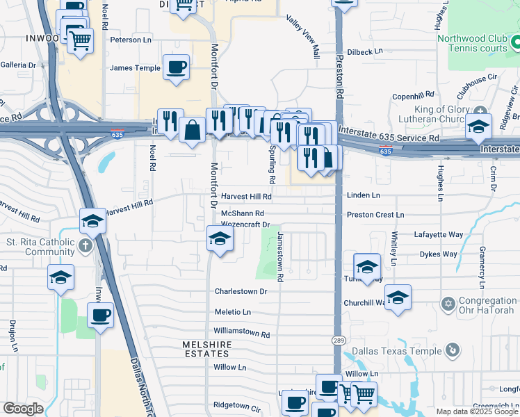 map of restaurants, bars, coffee shops, grocery stores, and more near 5715 Mc Shann Road in Dallas