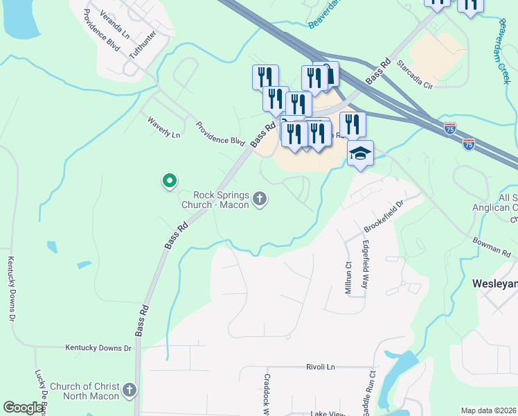 map of restaurants, bars, coffee shops, grocery stores, and more near 1415 Bass Road in Macon