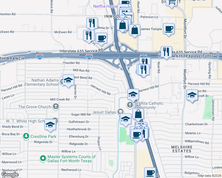 map of restaurants, bars, coffee shops, grocery stores, and more near 5020 Forest Bend Road in Dallas