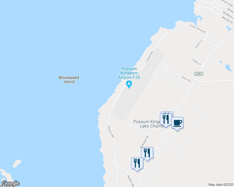 map of restaurants, bars, coffee shops, grocery stores, and more near 1055 Airport Road in Graford