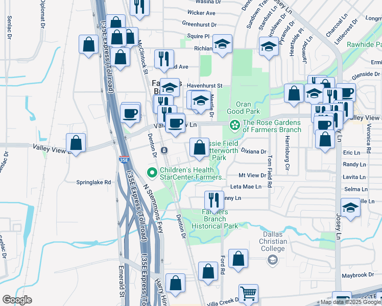 map of restaurants, bars, coffee shops, grocery stores, and more near 12823 Demetra Drive in Farmers Branch