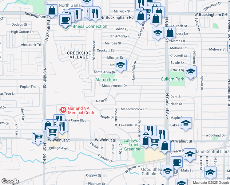 map of restaurants, bars, coffee shops, grocery stores, and more near 1569 Dent Street in Garland