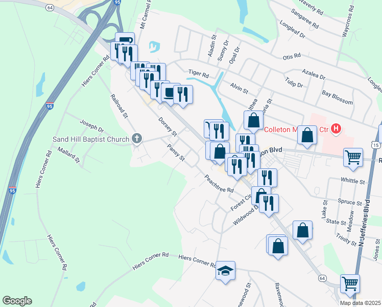 map of restaurants, bars, coffee shops, grocery stores, and more near 113 Dorsey Street in Walterboro