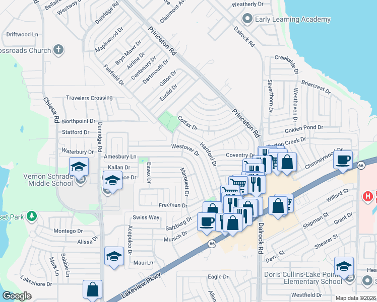 map of restaurants, bars, coffee shops, grocery stores, and more near 6902 Westover Drive in Rowlett