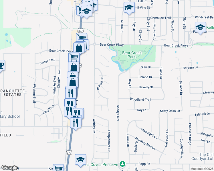 map of restaurants, bars, coffee shops, grocery stores, and more near 223 San Jacinto Court in Keller