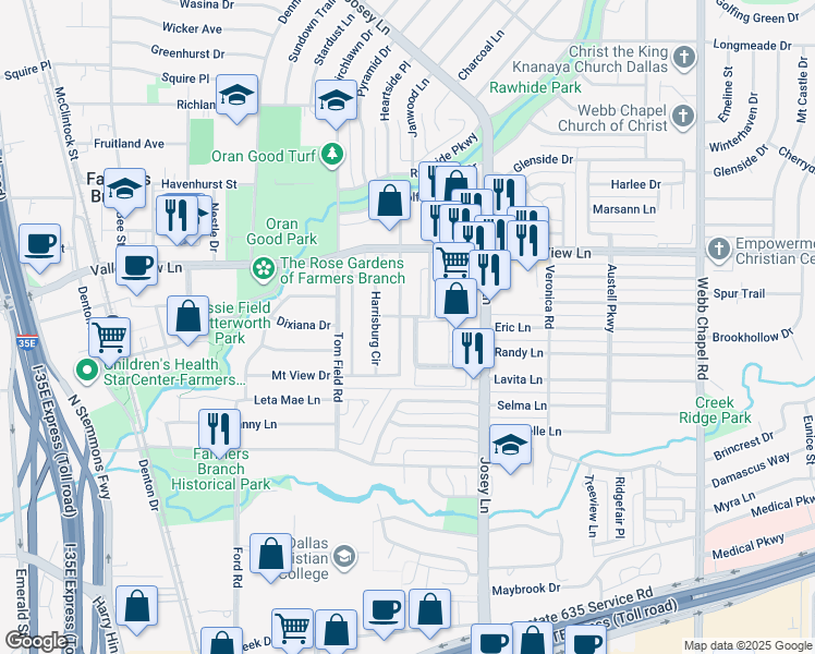 map of restaurants, bars, coffee shops, grocery stores, and more near 12818 Wilmington Drive in Farmers Branch